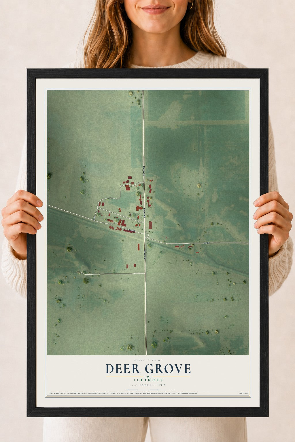 Map of Deer Grove, Illinois, 18 x 24 inch print in a black wood frame