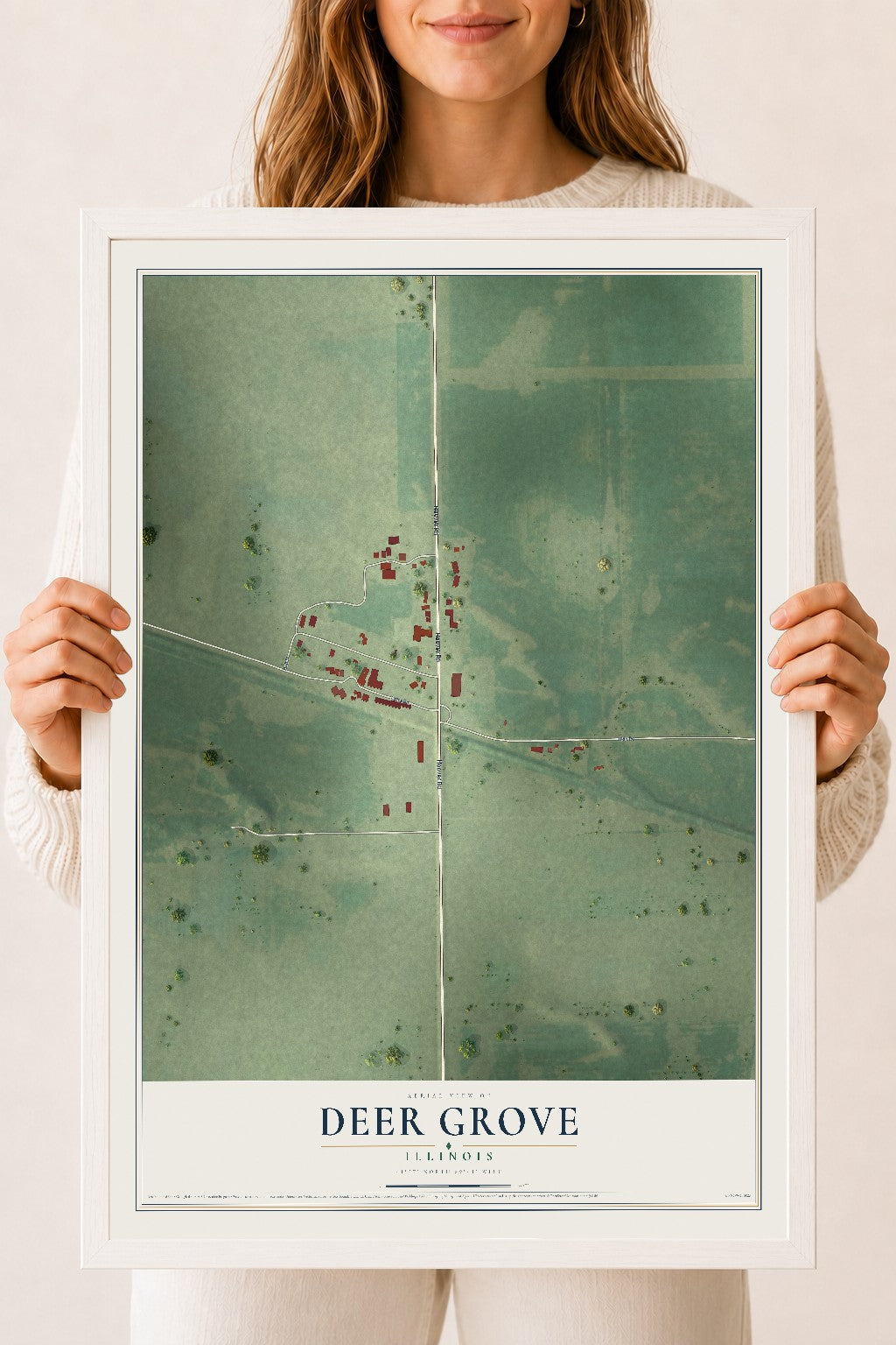 Map of Deer Grove, Illinois, 18 x 24 inch print in a white wood frame