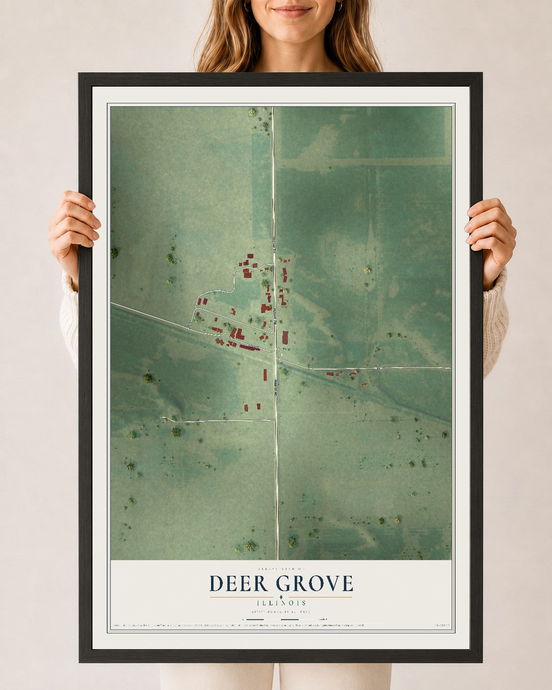 Map of Deer Grove, Illinois, 24 x 36 inch print in a black wood frame