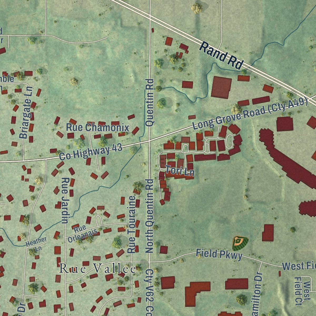 Second close-up of the map of Deer Park, Illinois print showing more streets and buildings