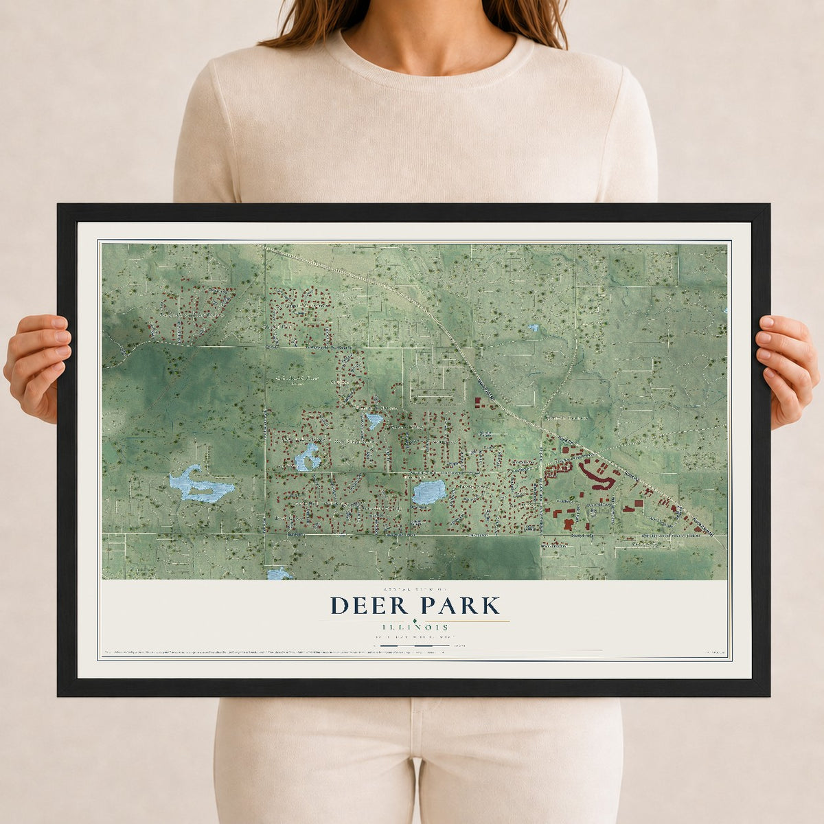 Map of Deer Park, Illinois, 12 x 18 inch print in a black wood frame