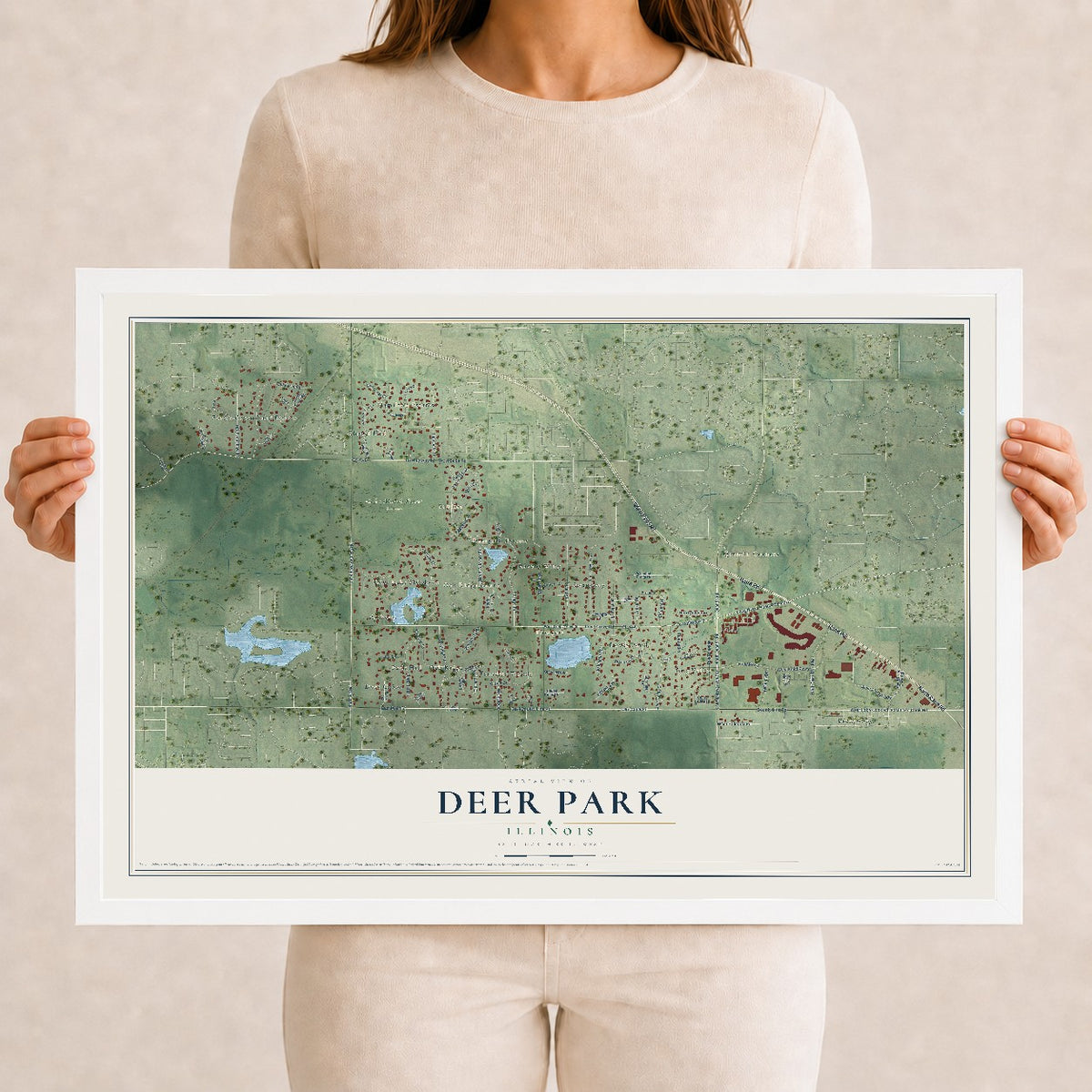 Map of Deer Park, Illinois, 12 x 18 inch print in a white wood frame