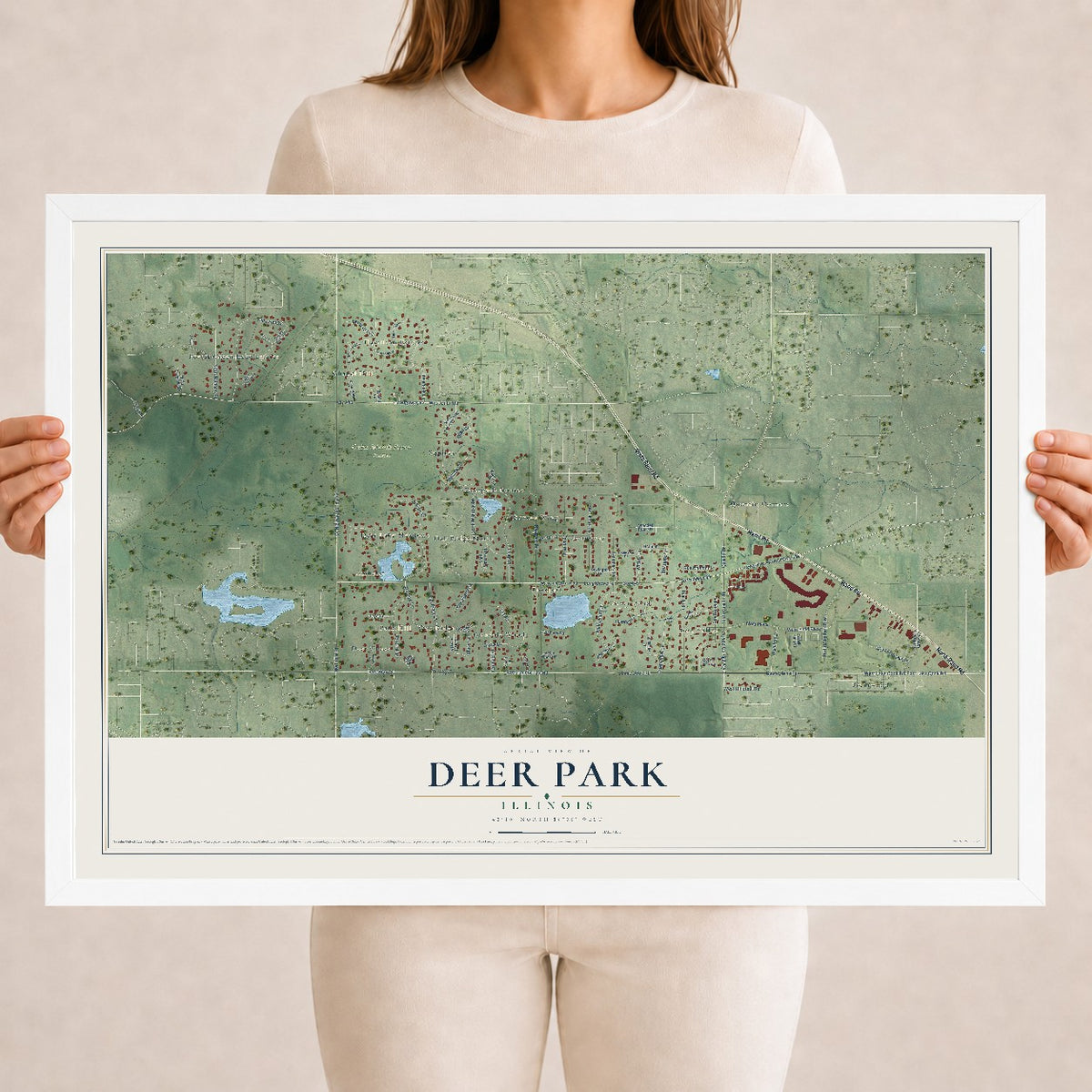 Map of Deer Park, Illinois, 18 x 24 inch print in a white wood frame