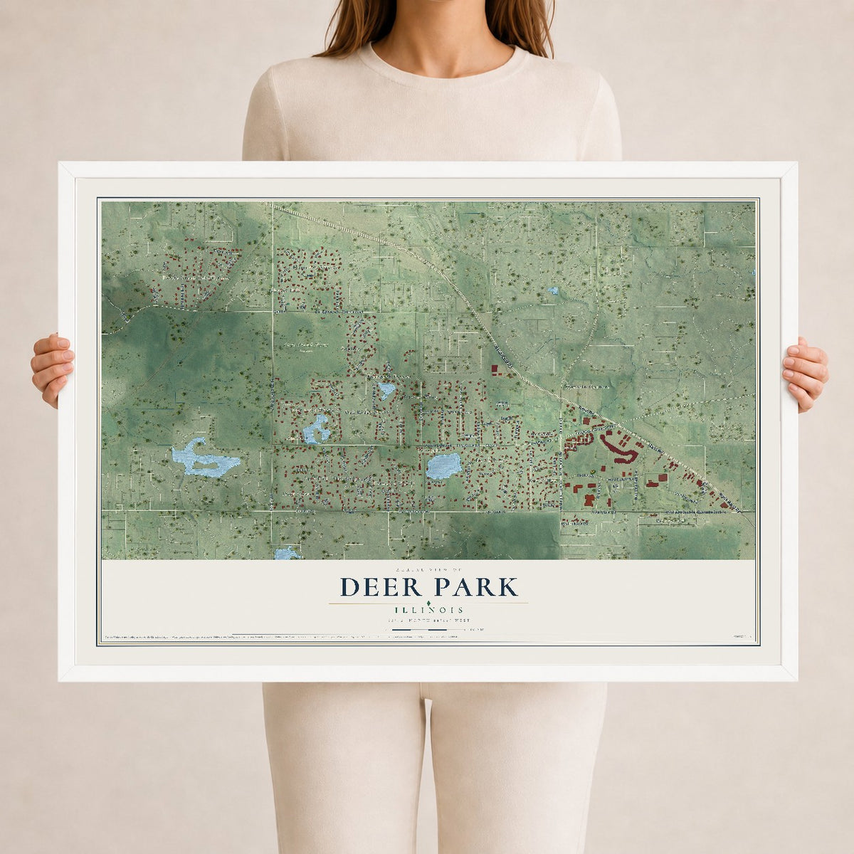 Map of Deer Park, Illinois, 24 x 36 inch print in a white wood frame