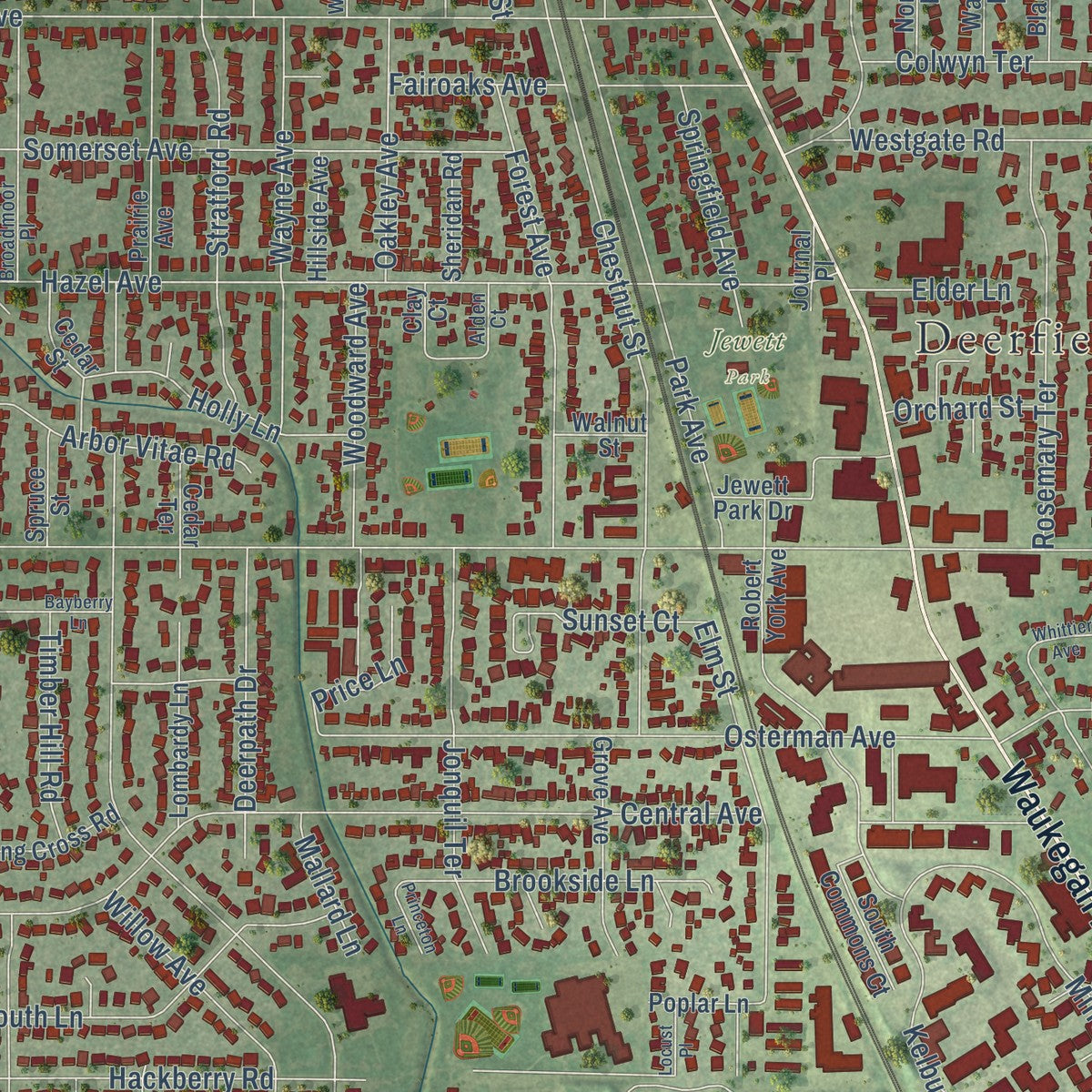 Close-up of the map of Deerfield, Illinois print showing street and building detail