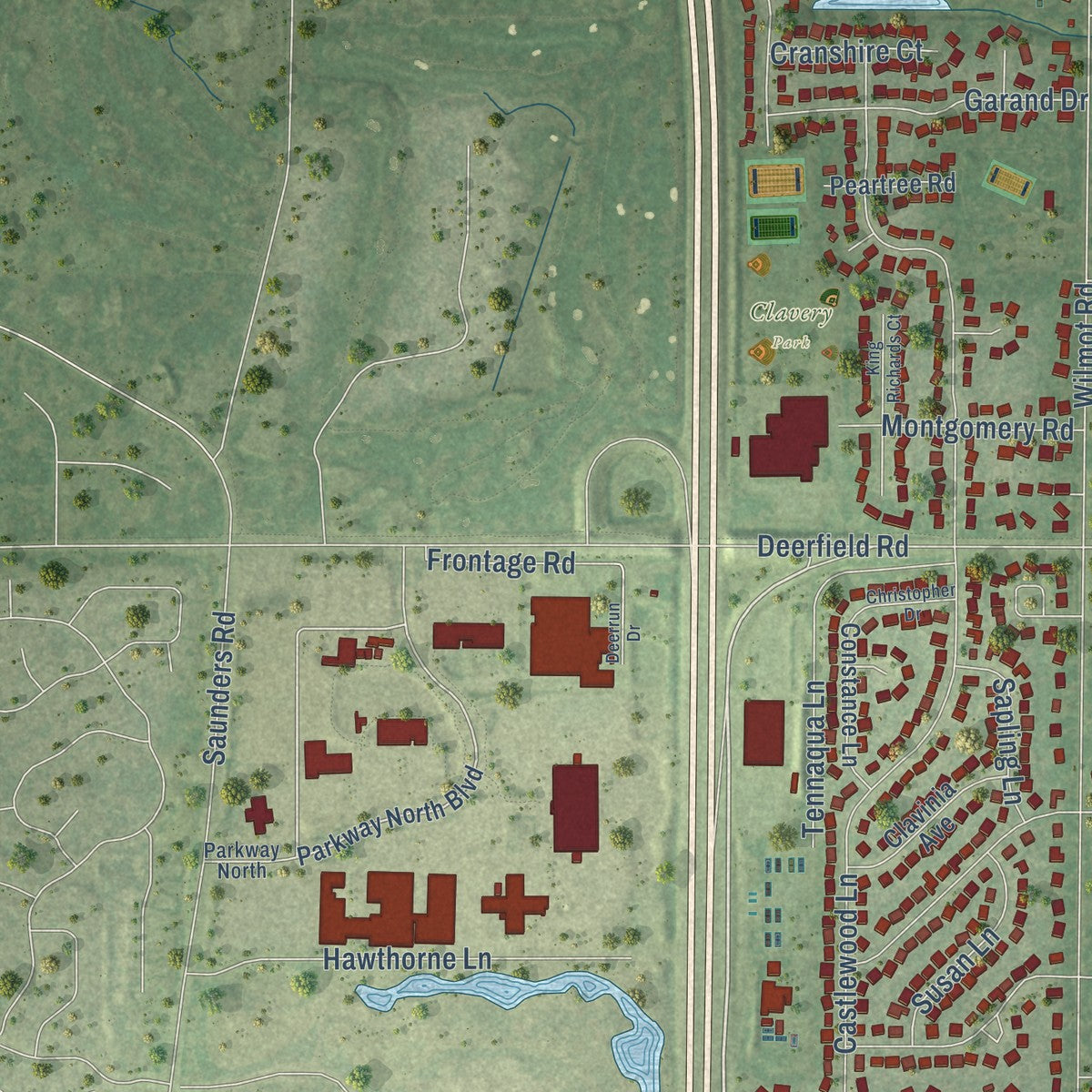 Second close-up of the map of Deerfield, Illinois print showing more streets and buildings