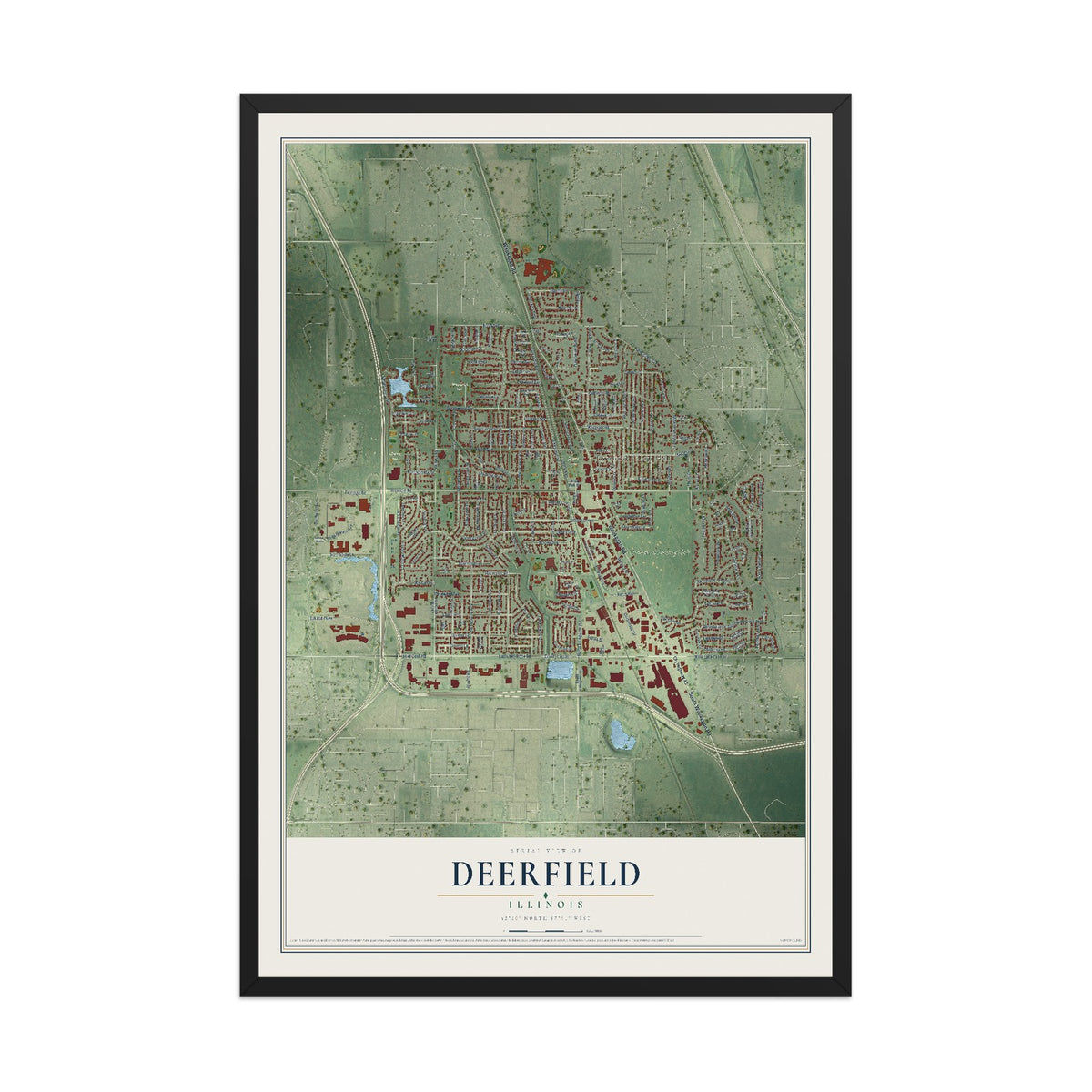 Map of Deerfield, Illinois, 12 x 18 inch print in a black wood frame