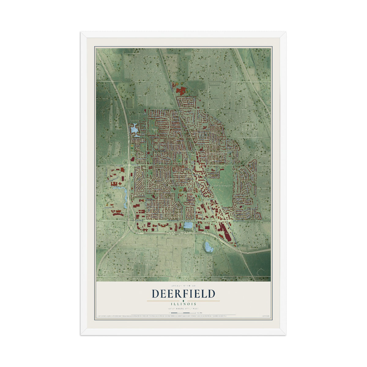 Map of Deerfield, Illinois, 12 x 18 inch print in a white wood frame