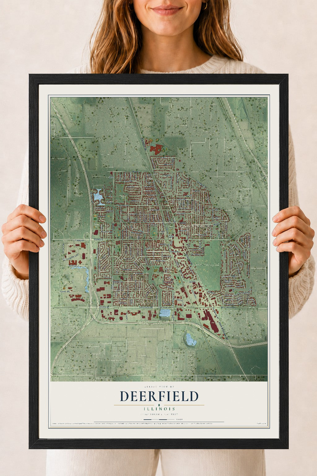 Map of Deerfield, Illinois, 18 x 24 inch print in a black wood frame