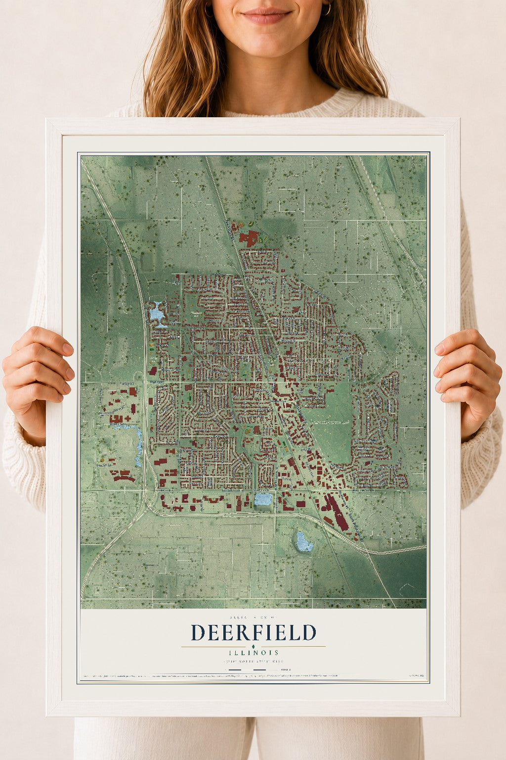 Map of Deerfield, Illinois, 18 x 24 inch print in a white wood frame