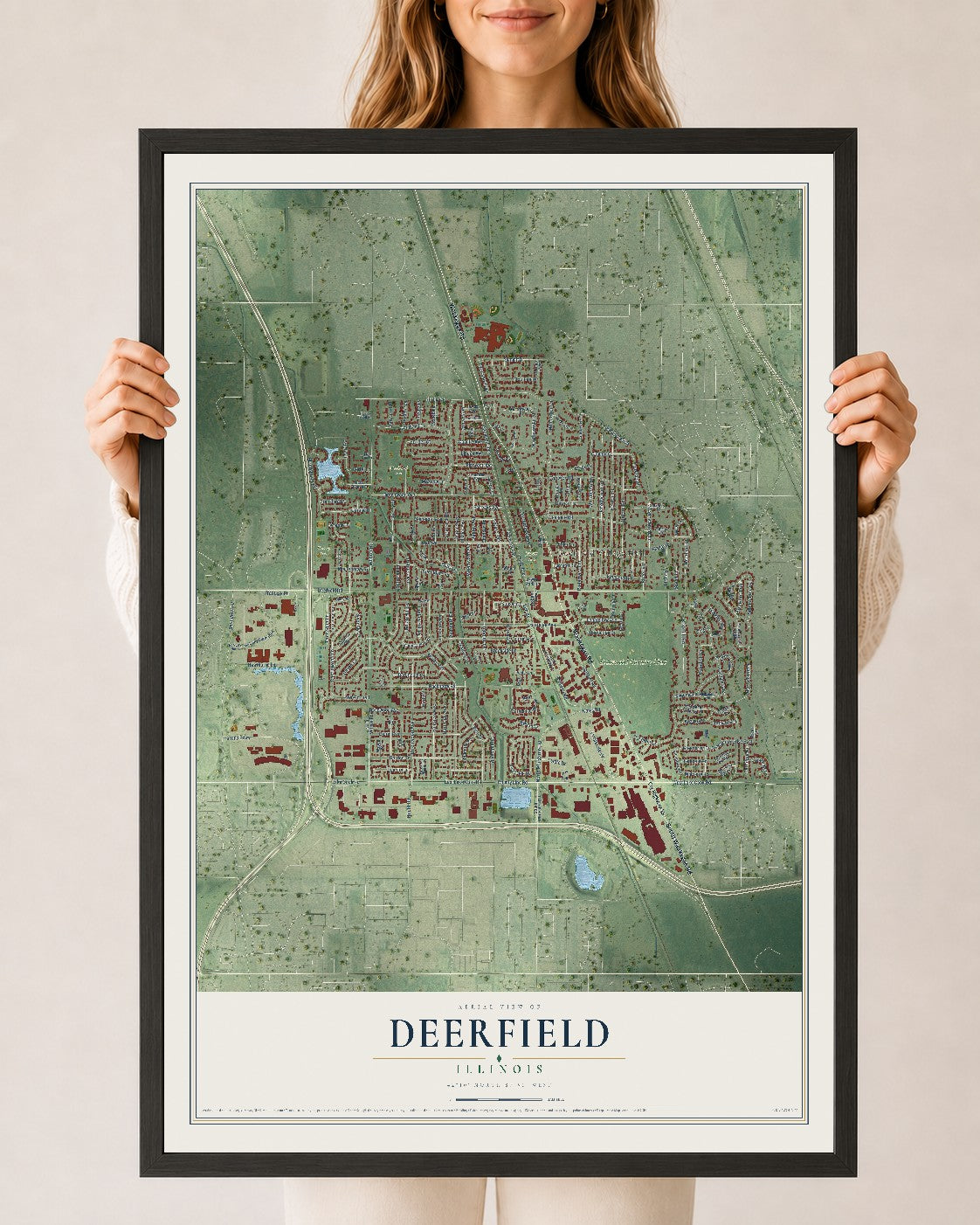 Map of Deerfield, Illinois, 24 x 36 inch print in a black wood frame