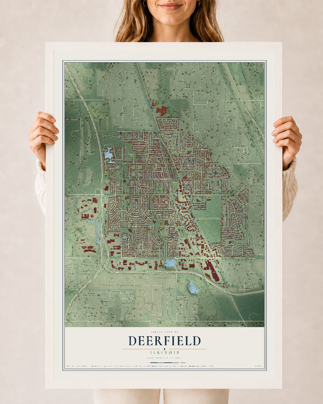 Map of Deerfield, Illinois, 24 x 36 inch print in a white wood frame