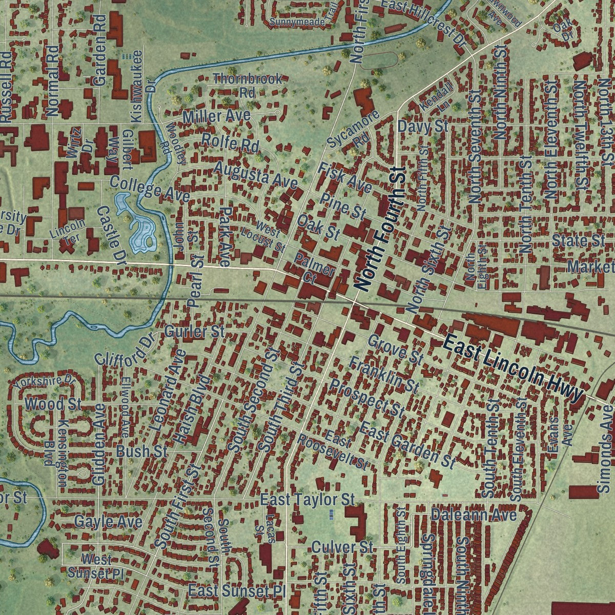 Close-up of the map of DeKalb, Illinois print showing street and building detail