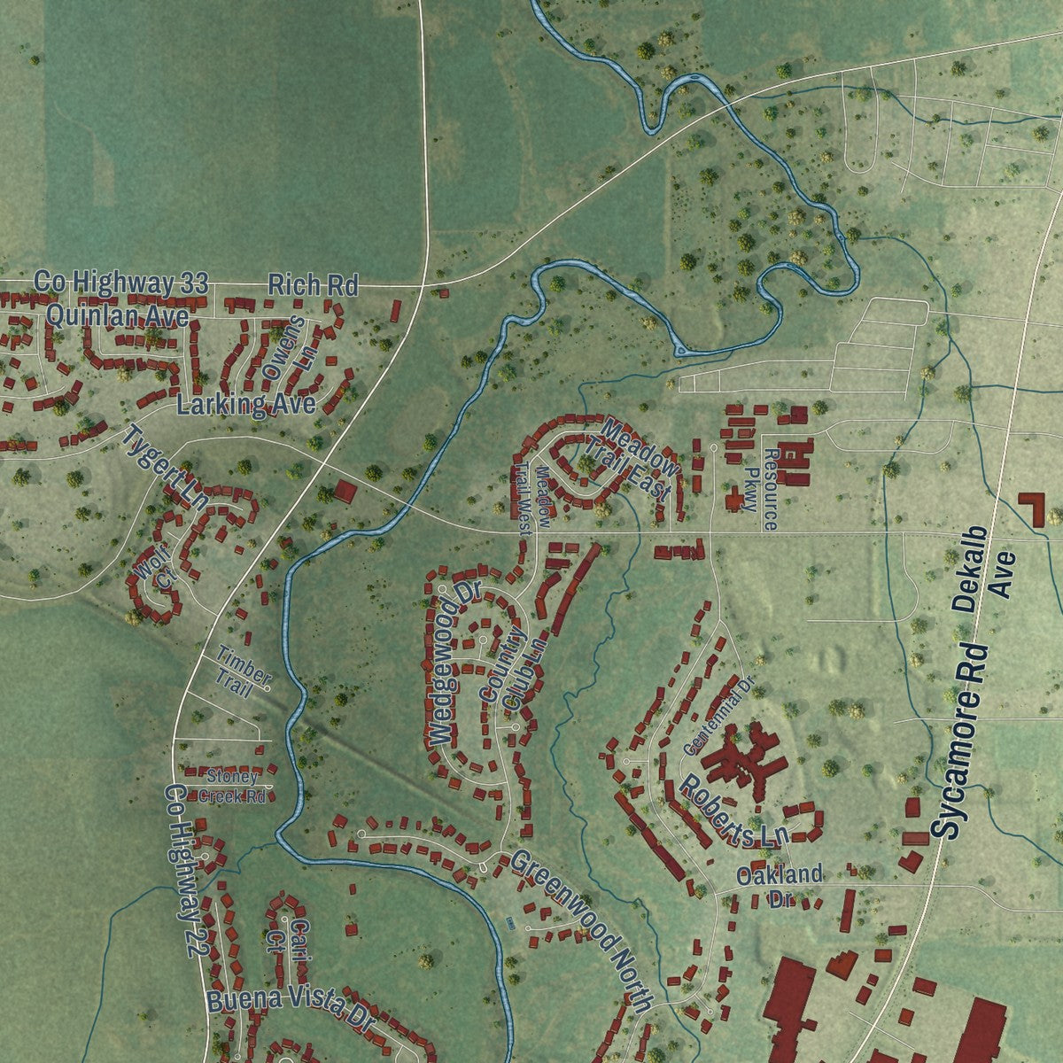 Second close-up of the map of DeKalb, Illinois print showing more streets and buildings