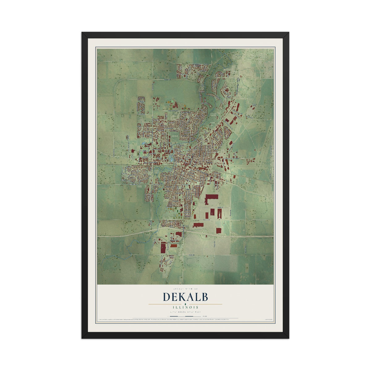 Map of DeKalb, Illinois, 12 x 18 inch print in a black wood frame