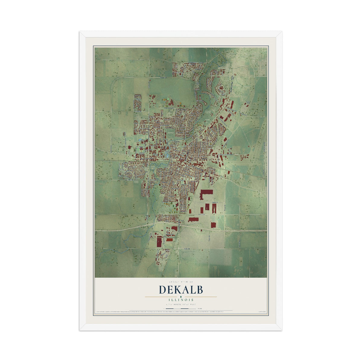 Map of DeKalb, Illinois, 12 x 18 inch print in a white wood frame