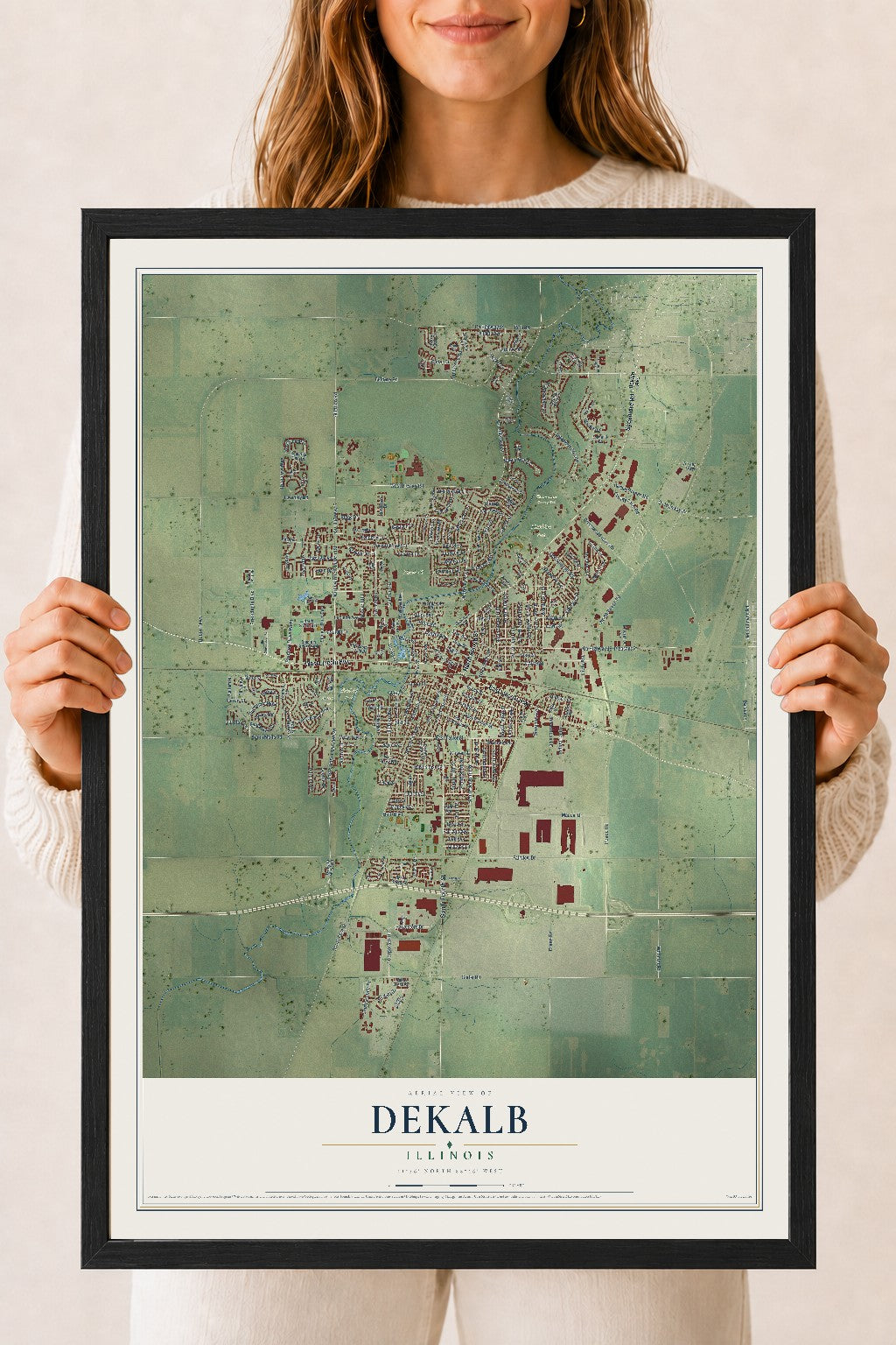 Map of DeKalb, Illinois, 18 x 24 inch print in a black wood frame