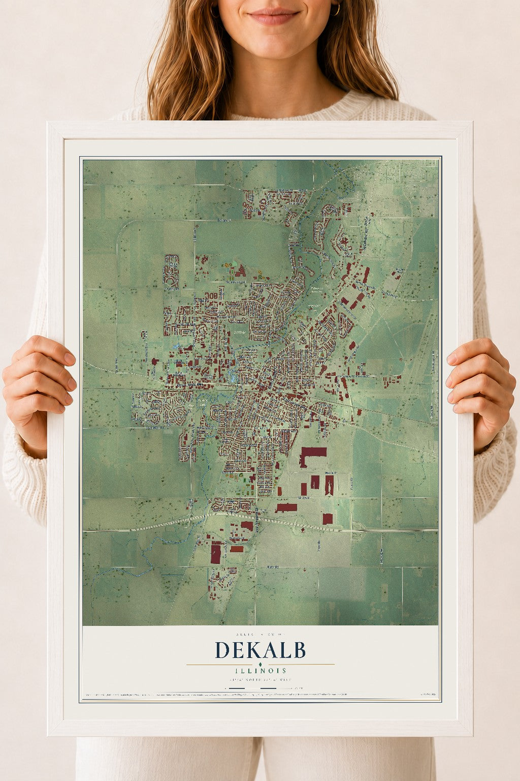 Map of DeKalb, Illinois, 18 x 24 inch print in a white wood frame