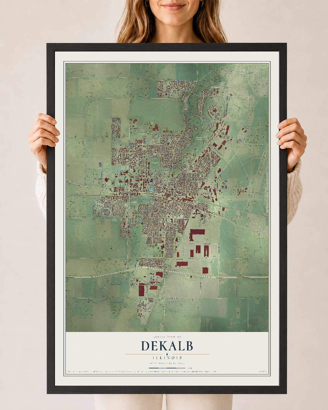 Map of DeKalb, Illinois, 24 x 36 inch print in a black wood frame