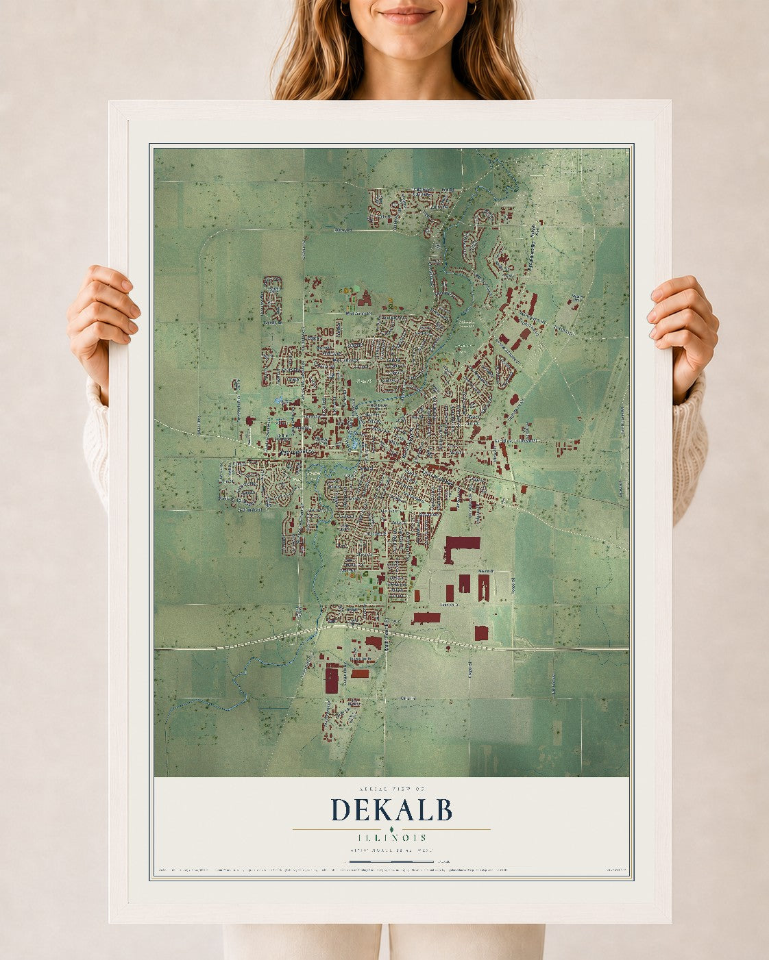 Map of DeKalb, Illinois, 24 x 36 inch print in a white wood frame