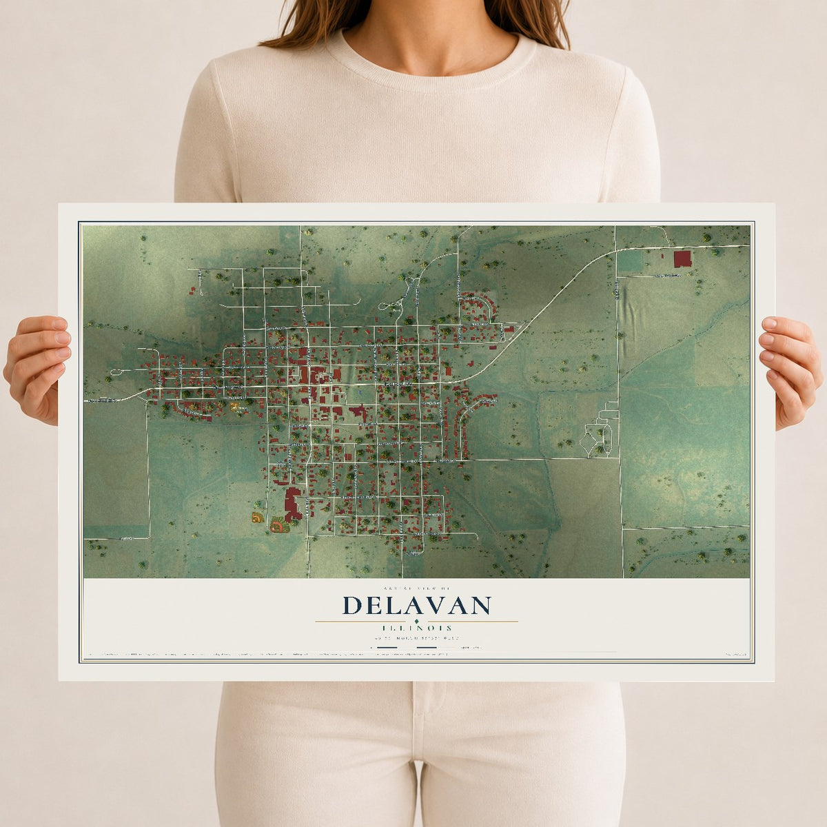 Map of Delavan, Illinois, 12 x 18 inch unframed archival matte print