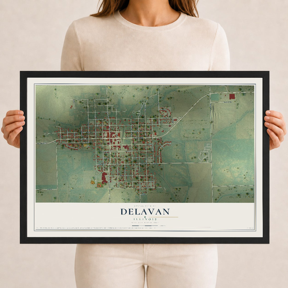 Map of Delavan, Illinois, 12 x 18 inch print in a black wood frame