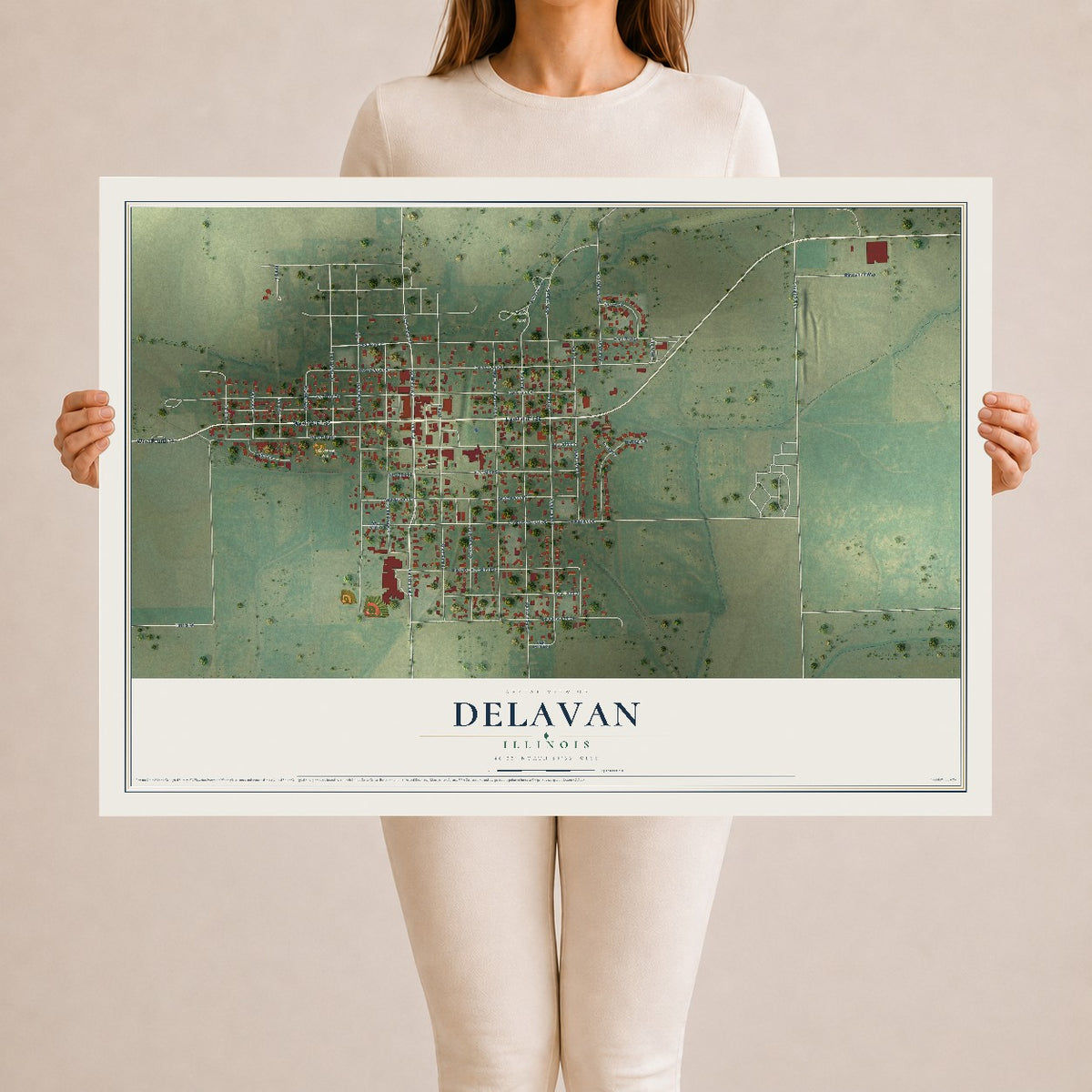 Map of Delavan, Illinois, 24 x 36 inch unframed archival matte print