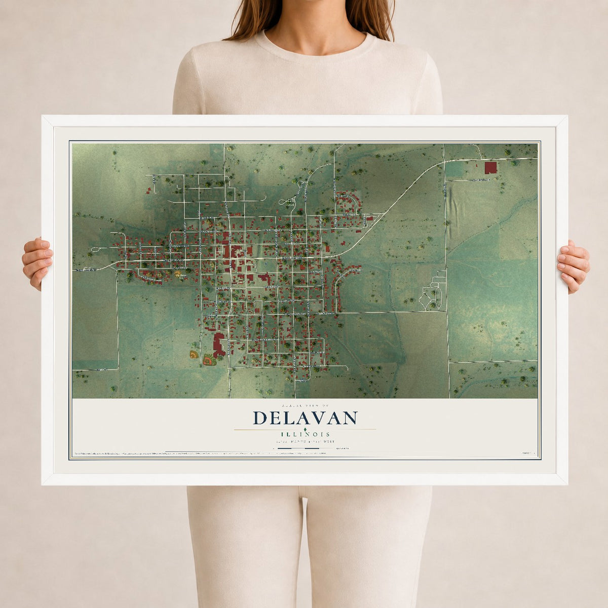 Map of Delavan, Illinois, 24 x 36 inch print in a white wood frame