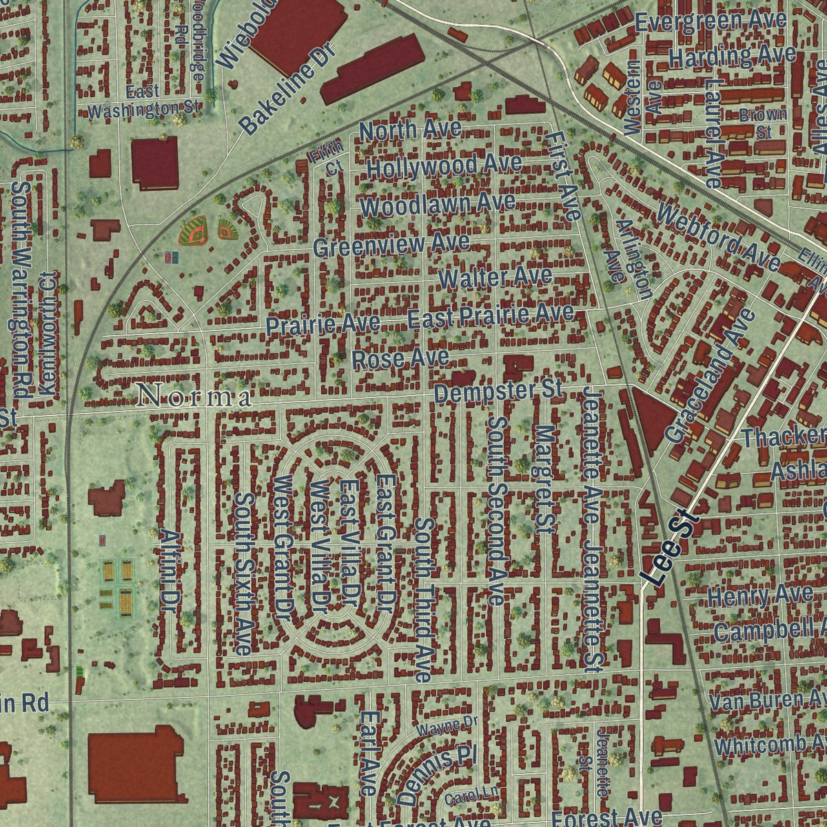 Close-up of the map of Des Plaines, Illinois print showing street and building detail