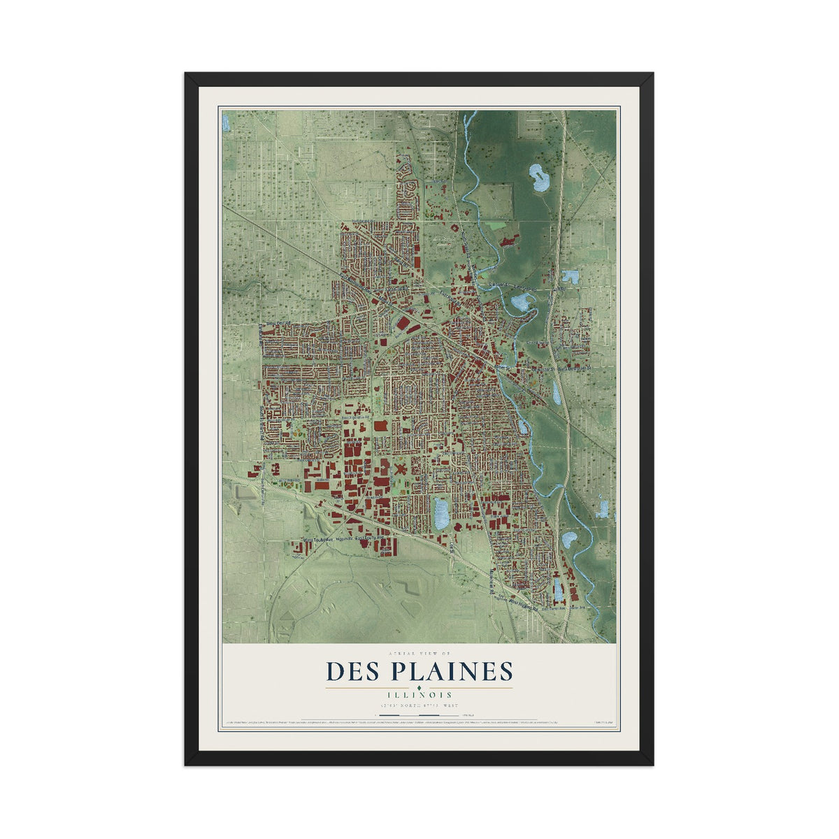 Map of Des Plaines, Illinois, 12 x 18 inch print in a black wood frame