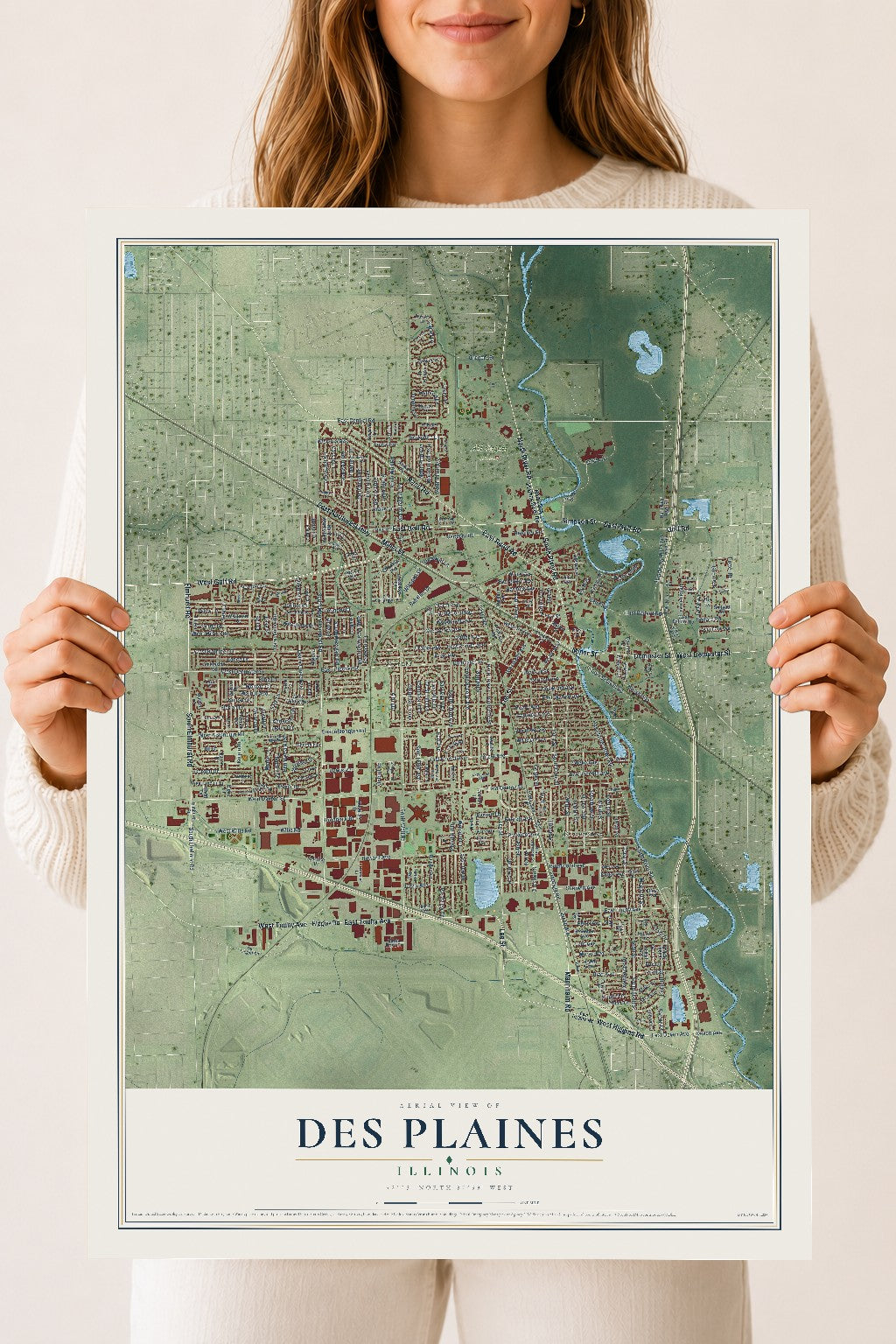 Map of Des Plaines, Illinois, 18 x 24 inch unframed archival matte print
