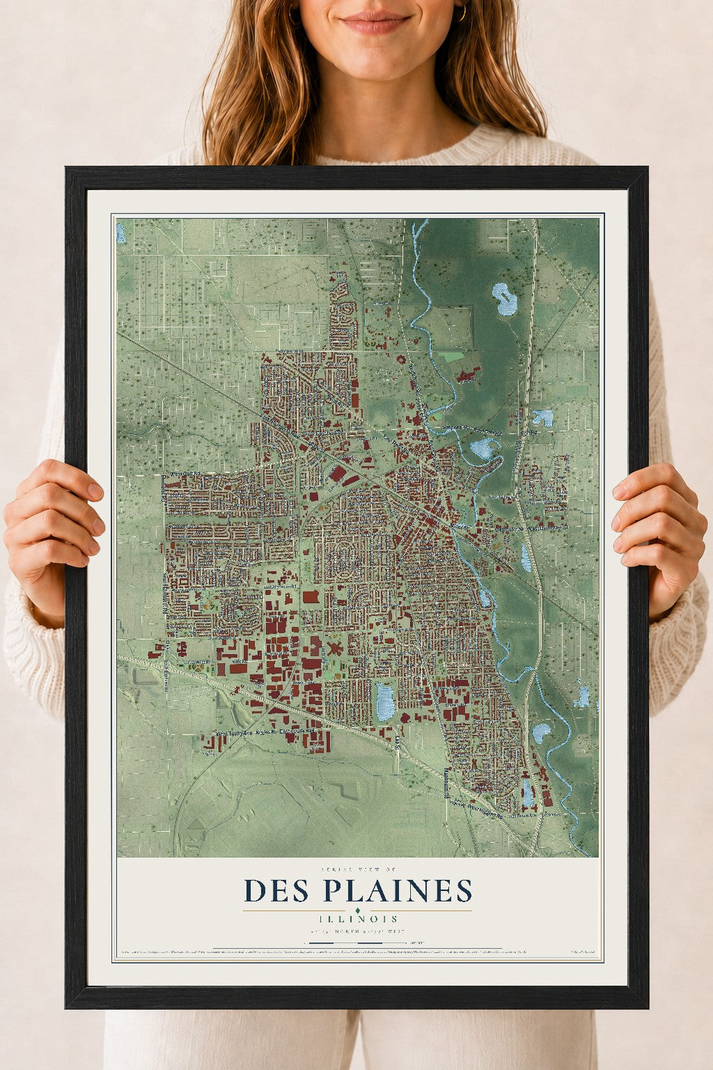 Map of Des Plaines, Illinois, 18 x 24 inch print in a black wood frame