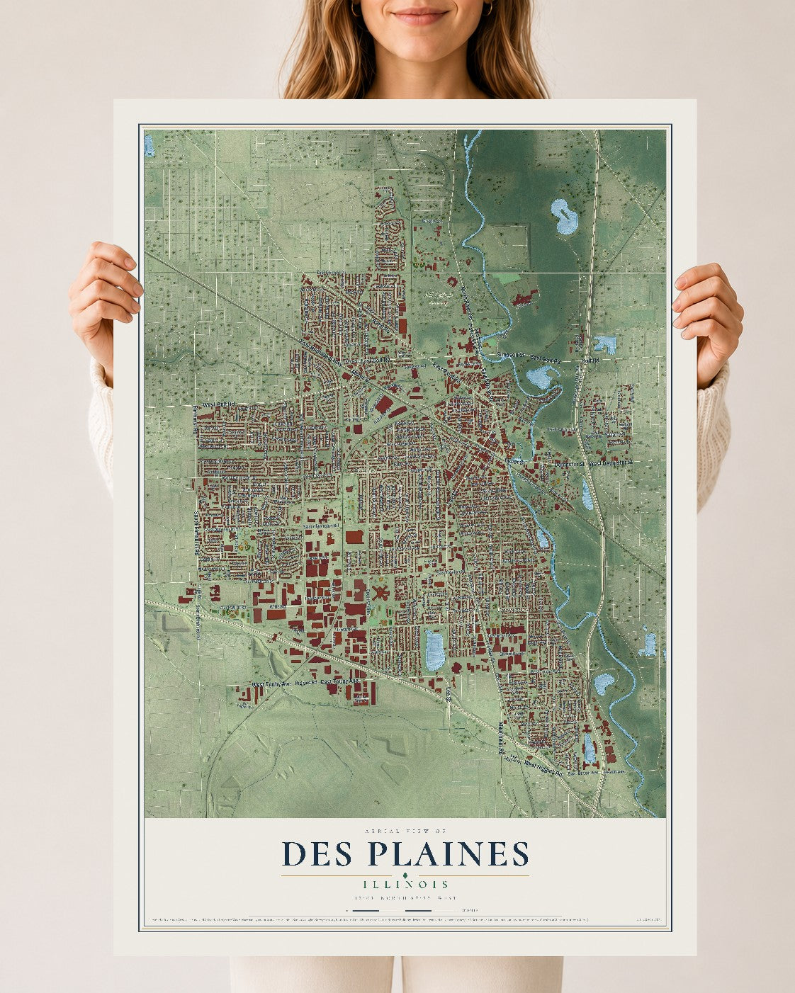 Map of Des Plaines, Illinois, 24 x 36 inch unframed archival matte print