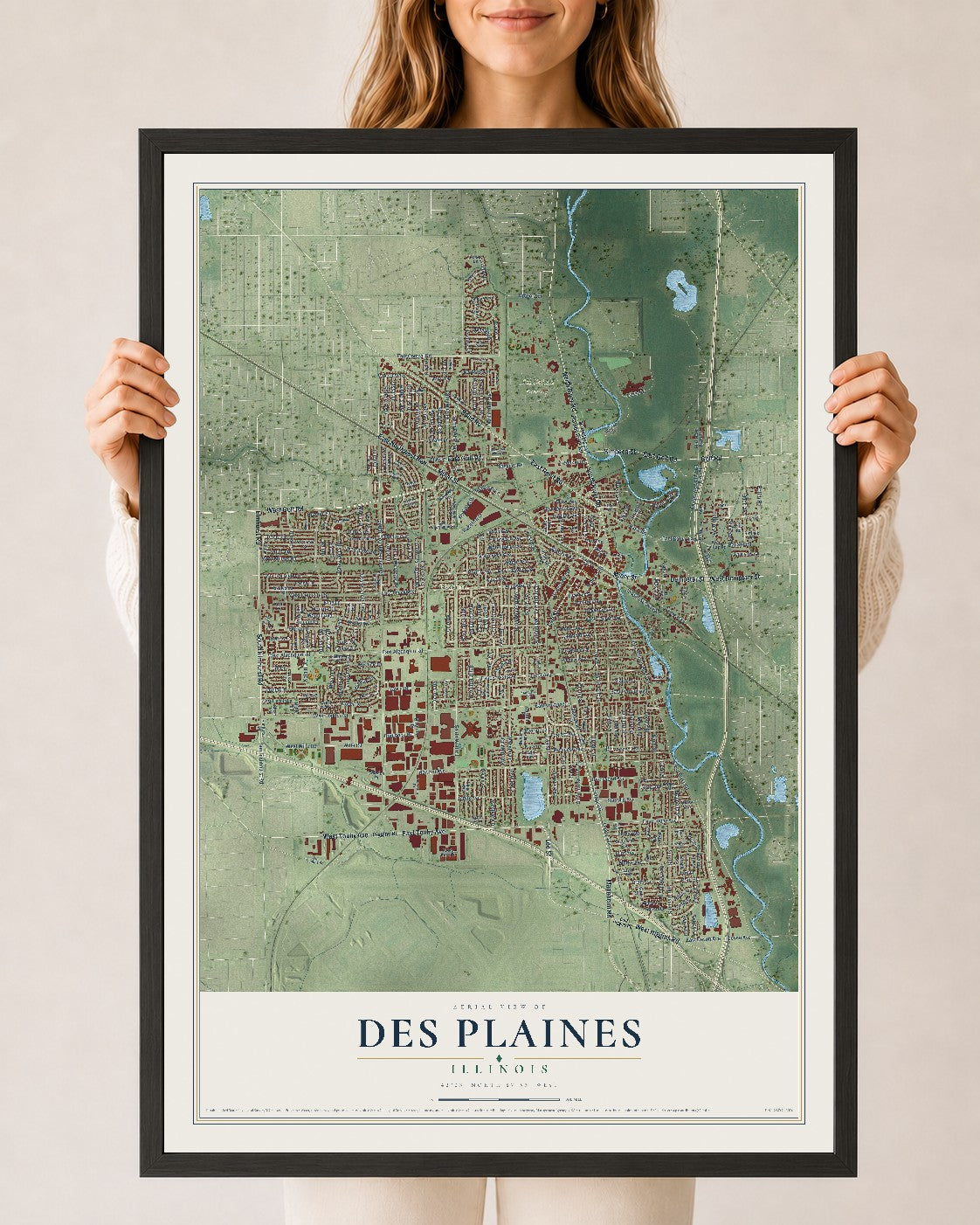 Map of Des Plaines, Illinois, 24 x 36 inch print in a black wood frame