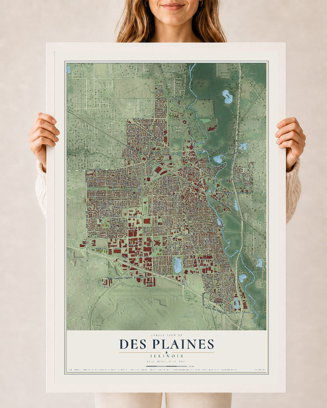 Map of Des Plaines, Illinois, 24 x 36 inch print in a white wood frame