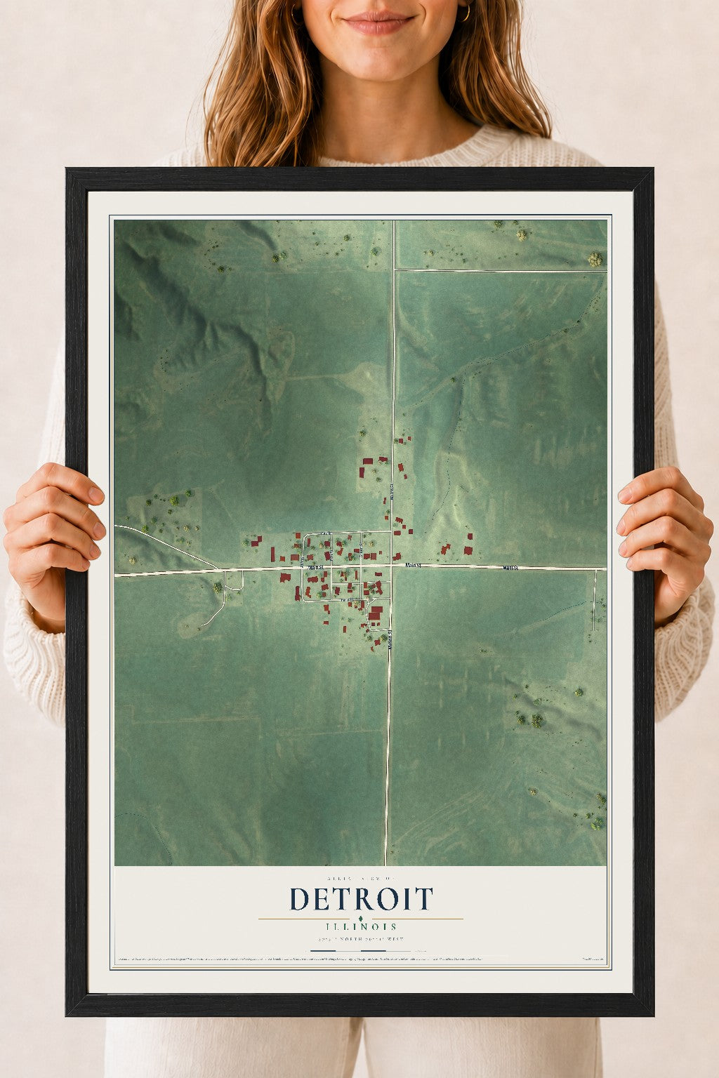 Map of Detroit, Illinois, 18 x 24 inch print in a black wood frame