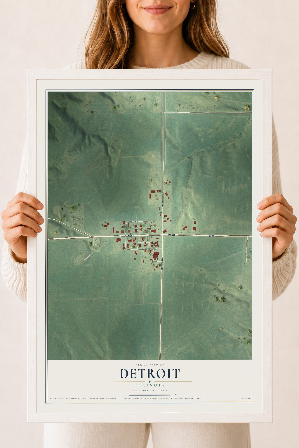 Map of Detroit, Illinois, 18 x 24 inch print in a white wood frame