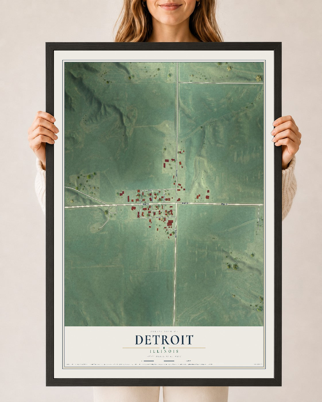Map of Detroit, Illinois, 24 x 36 inch print in a black wood frame