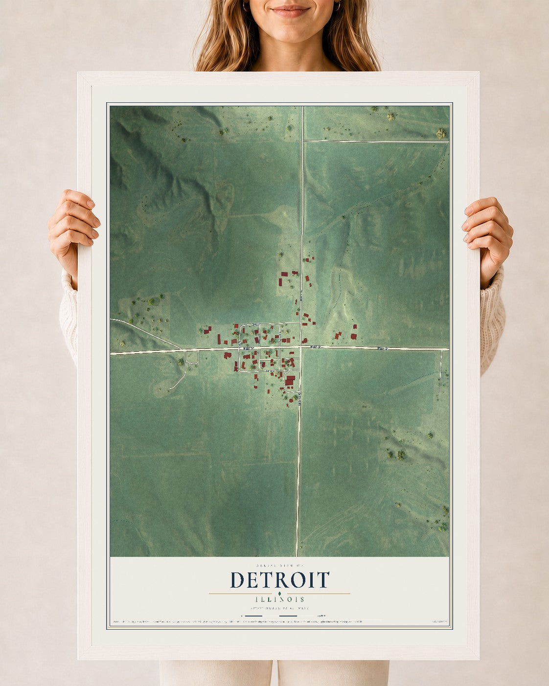 Map of Detroit, Illinois, 24 x 36 inch print in a white wood frame
