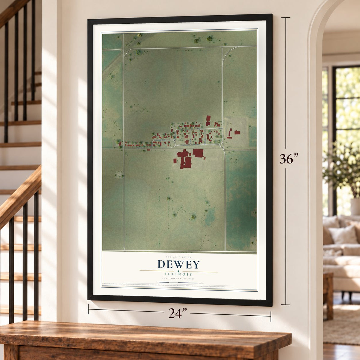 Dewey, Illinois map, 24 x 36 inch print in a black frame by a staircase