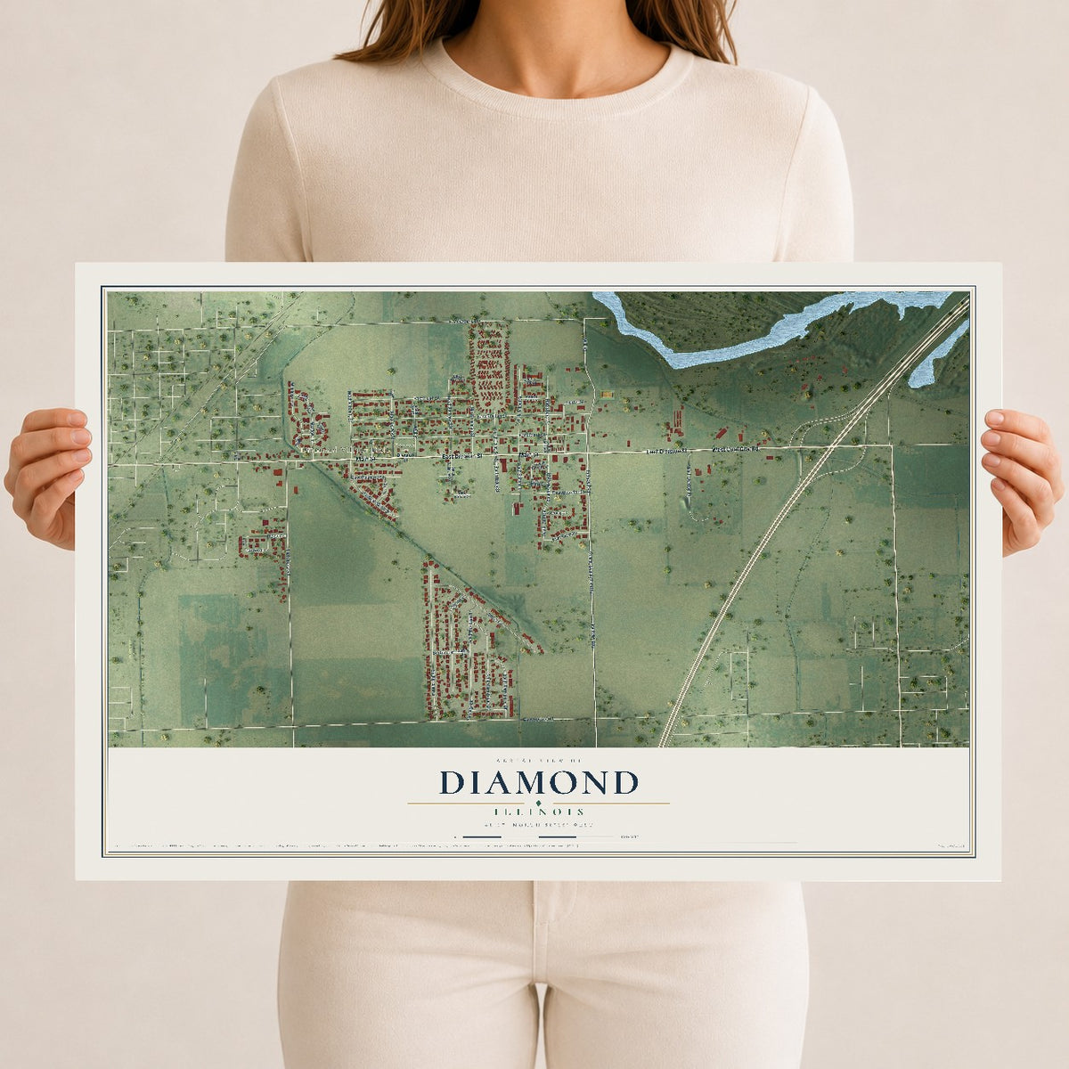 Map of Diamond, Illinois, 12 x 18 inch unframed archival matte print