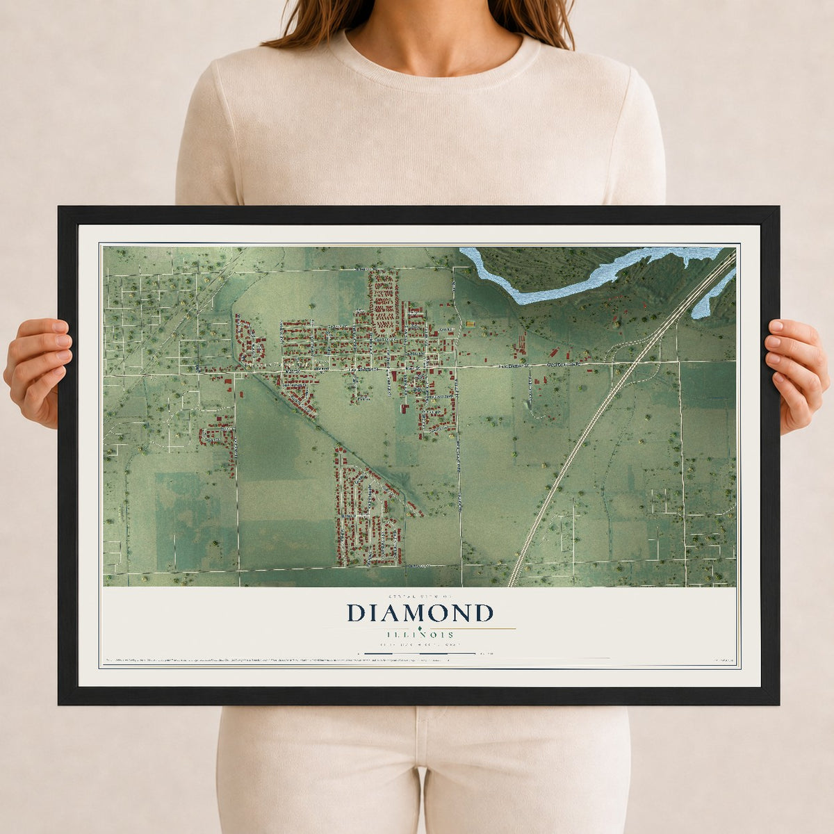 Map of Diamond, Illinois, 12 x 18 inch print in a black wood frame