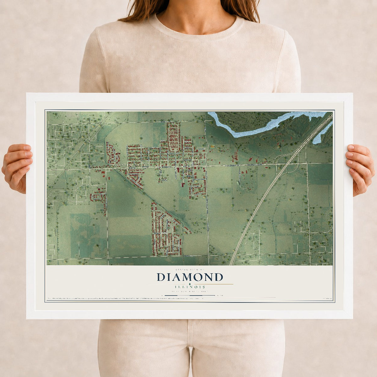 Map of Diamond, Illinois, 12 x 18 inch print in a white wood frame