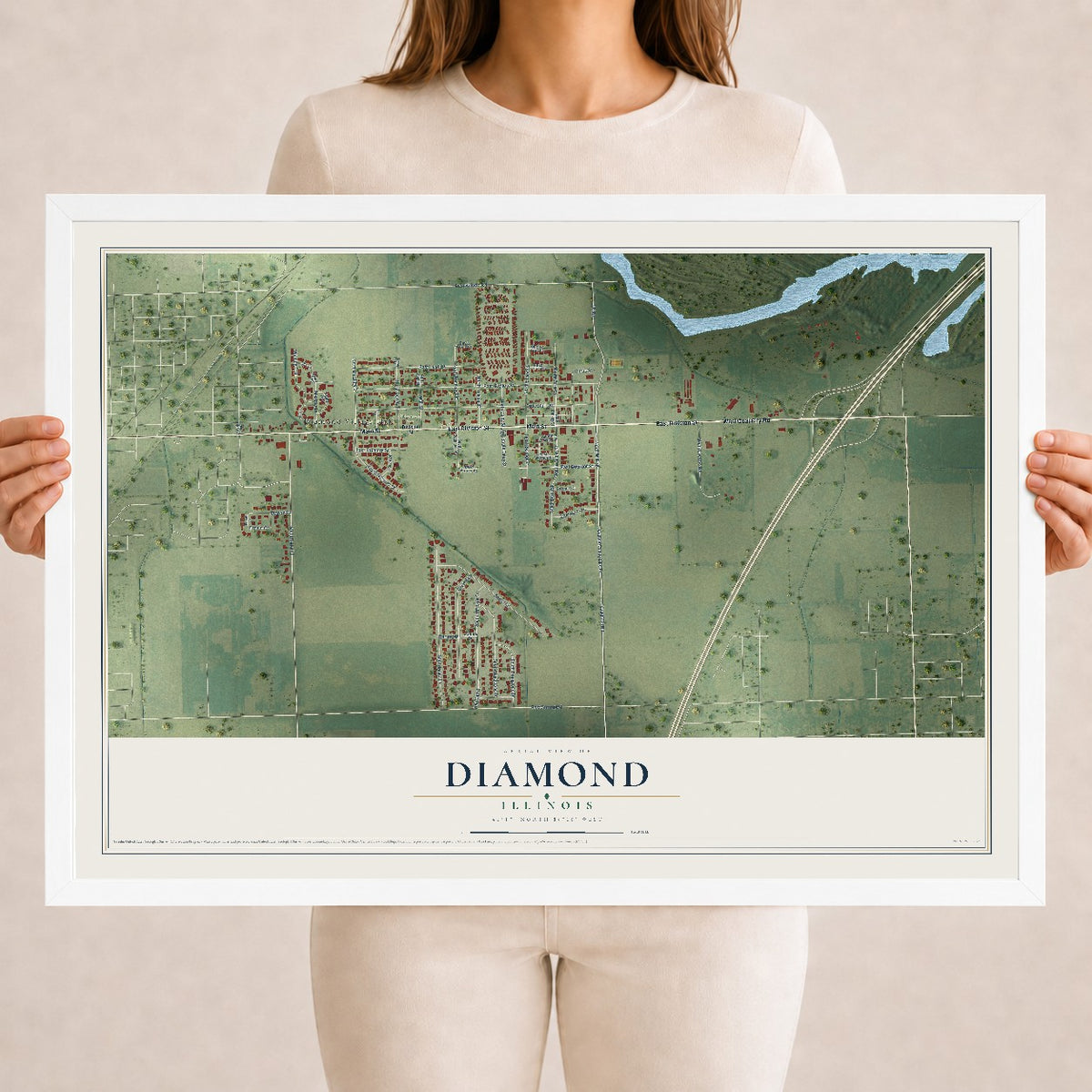 Map of Diamond, Illinois, 18 x 24 inch print in a white wood frame