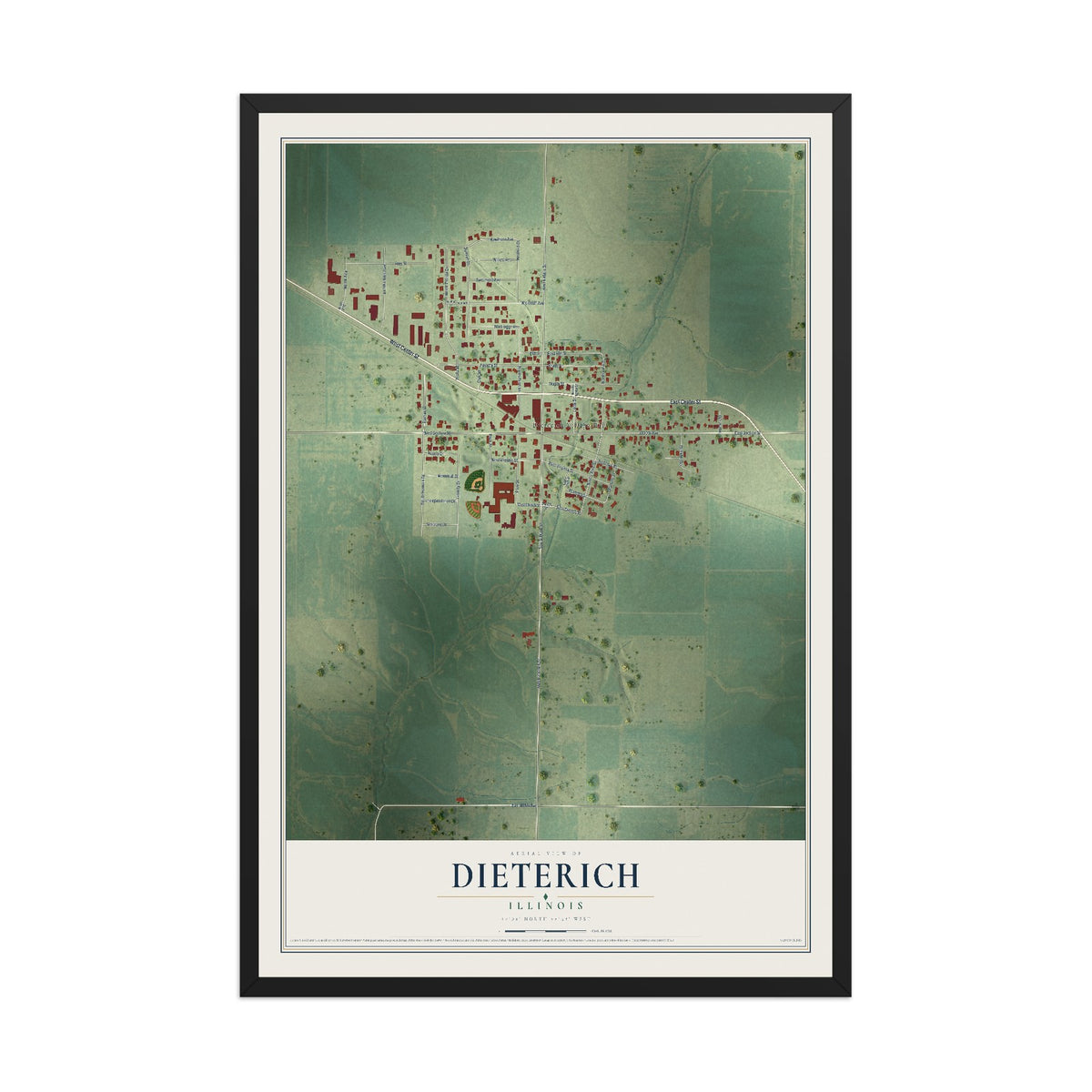 Map of Dieterich, Illinois, 12 x 18 inch print in a black wood frame