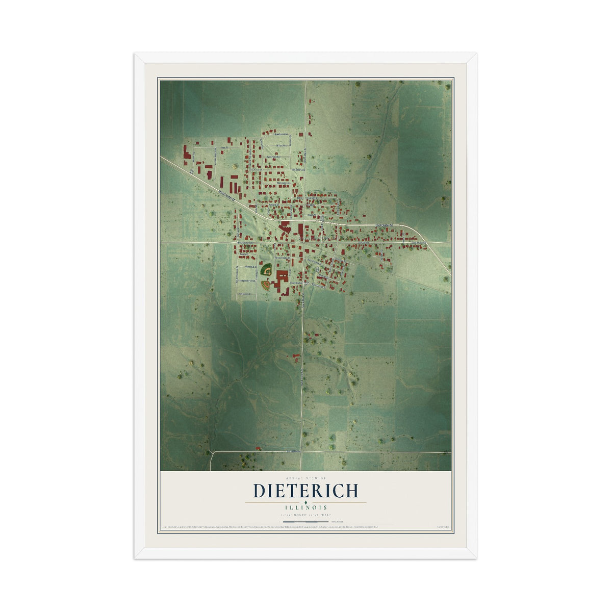 Map of Dieterich, Illinois, 12 x 18 inch print in a white wood frame
