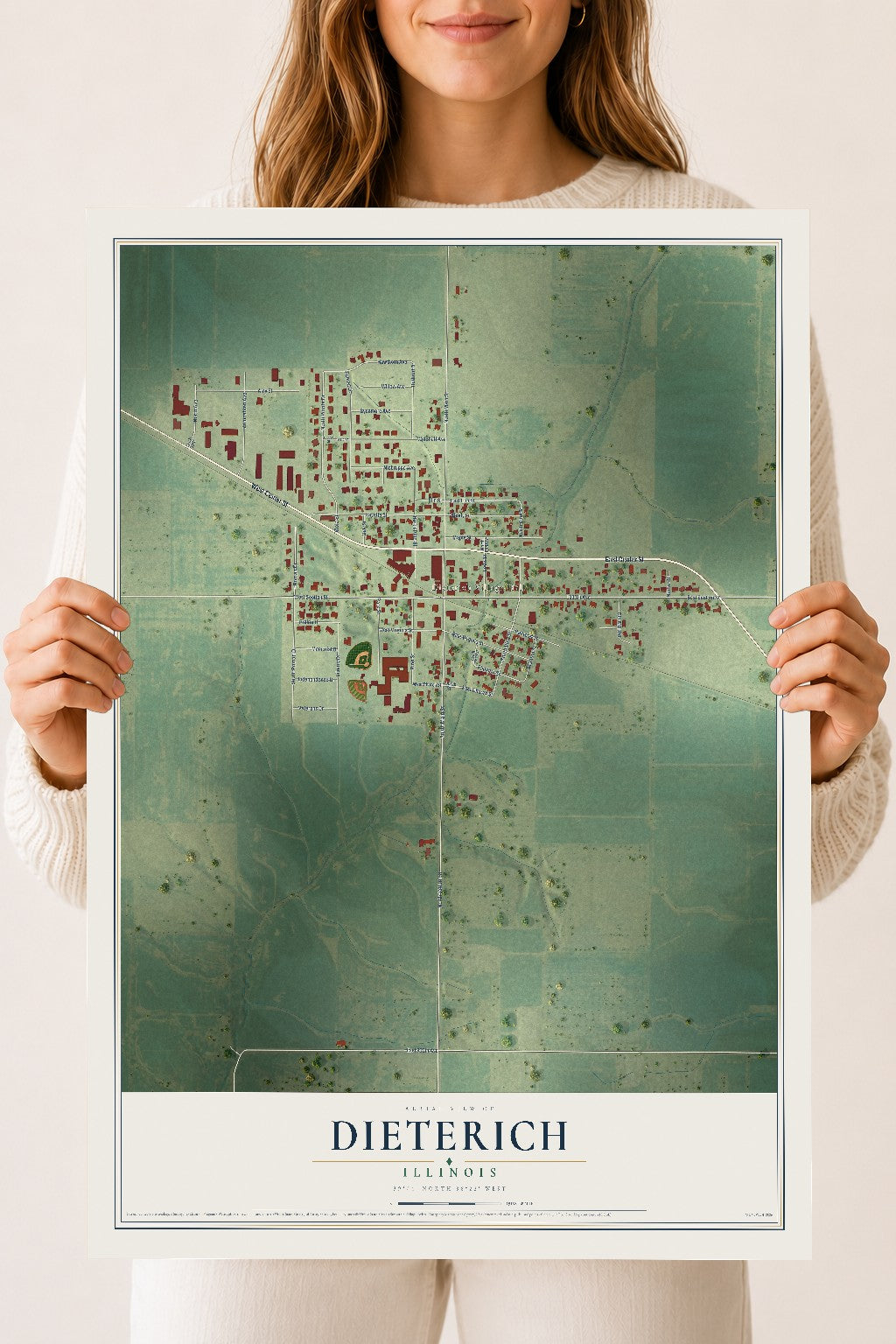 Map of Dieterich, Illinois, 18 x 24 inch unframed archival matte print