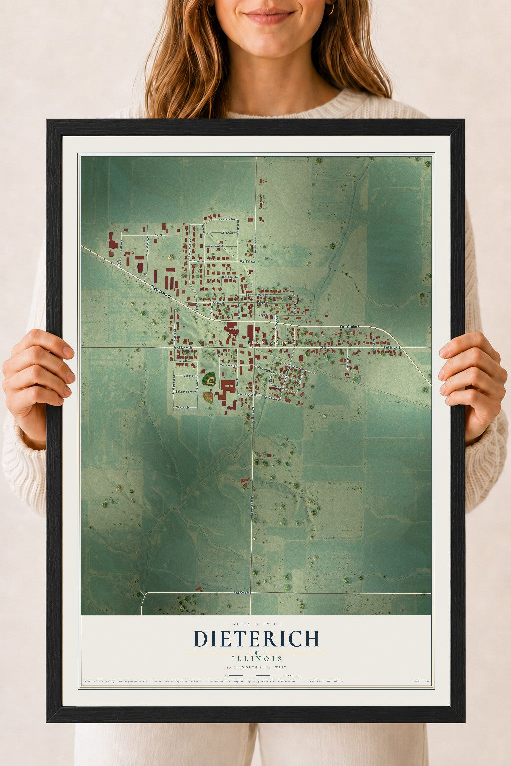Map of Dieterich, Illinois, 18 x 24 inch print in a black wood frame