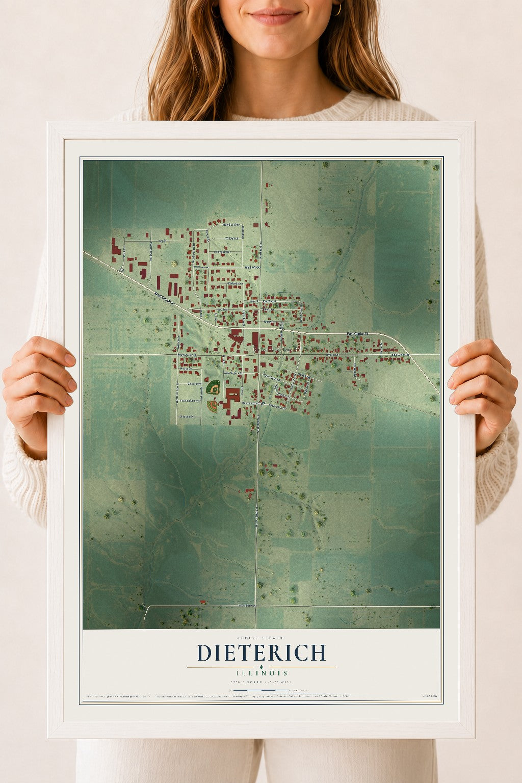 Map of Dieterich, Illinois, 18 x 24 inch print in a white wood frame