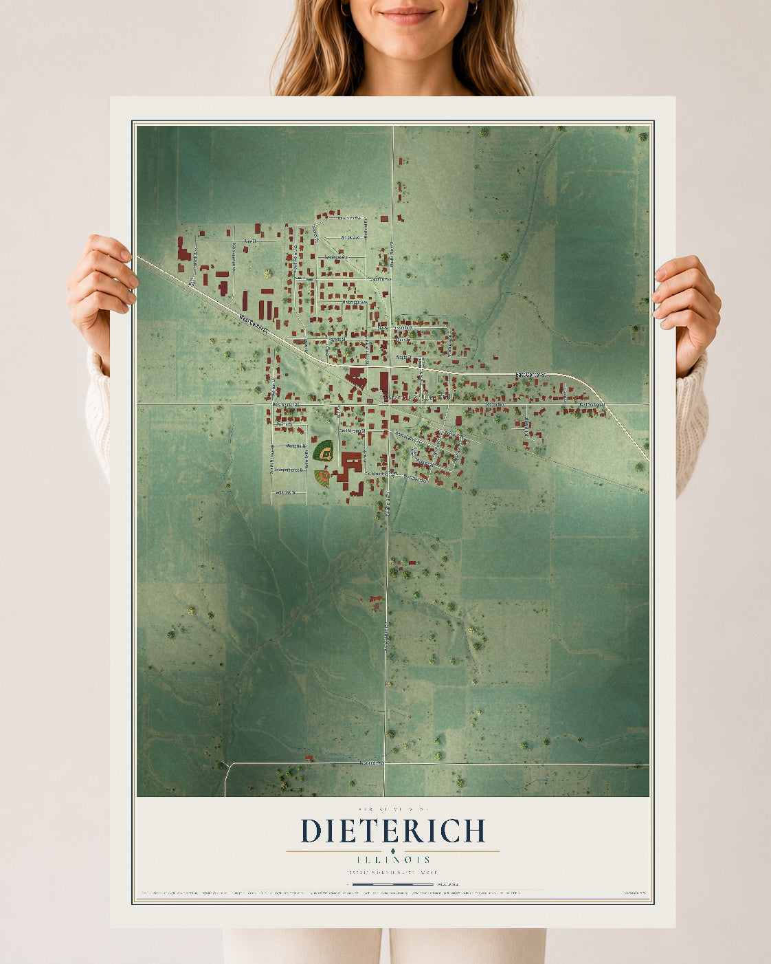 Map of Dieterich, Illinois, 24 x 36 inch unframed archival matte print